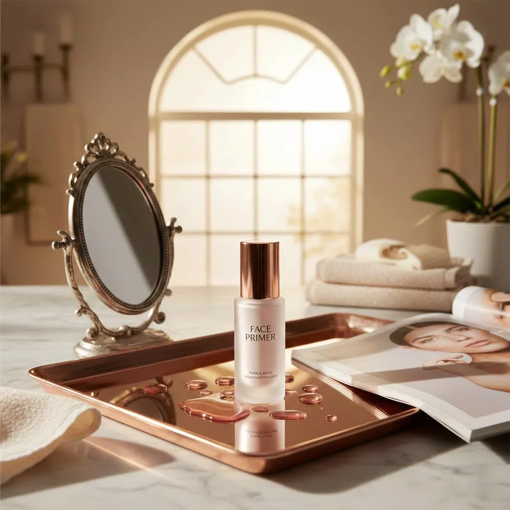 Close-up of a woman applying face primer to her oily skin
