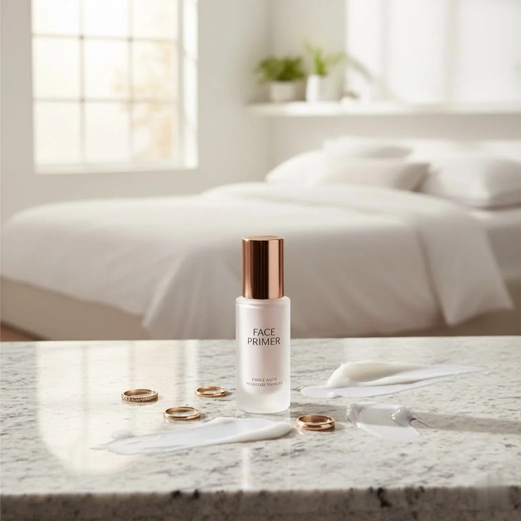Close-up of a woman applying smoothing face primer to her cheek