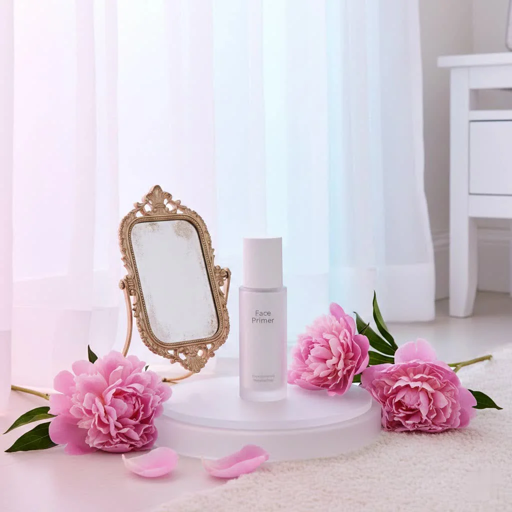 Close-up of a woman applying illuminating face primer to her cheek
