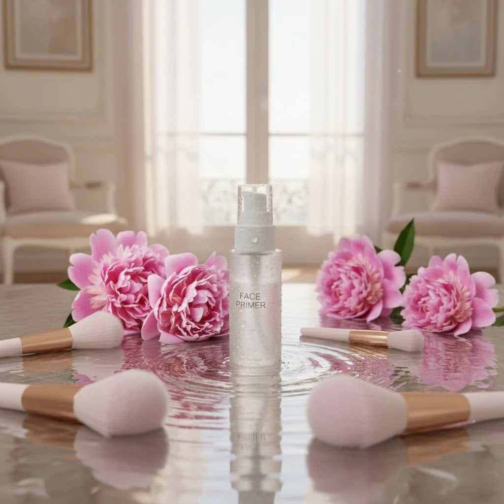 Close-up of a woman applying face primer to her dry skin for a flawless makeup base.