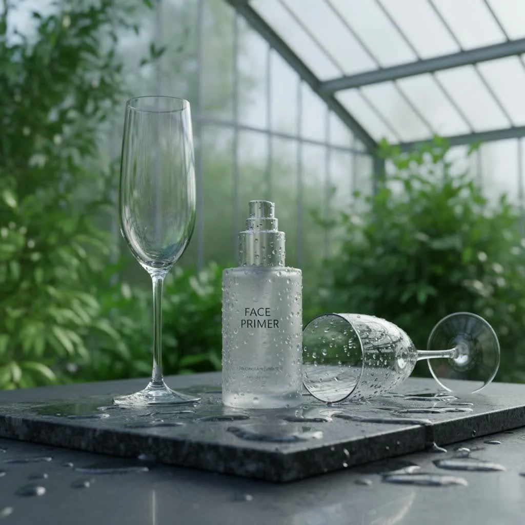 Lancôme face primer bottle and makeup brushes on a vanity
